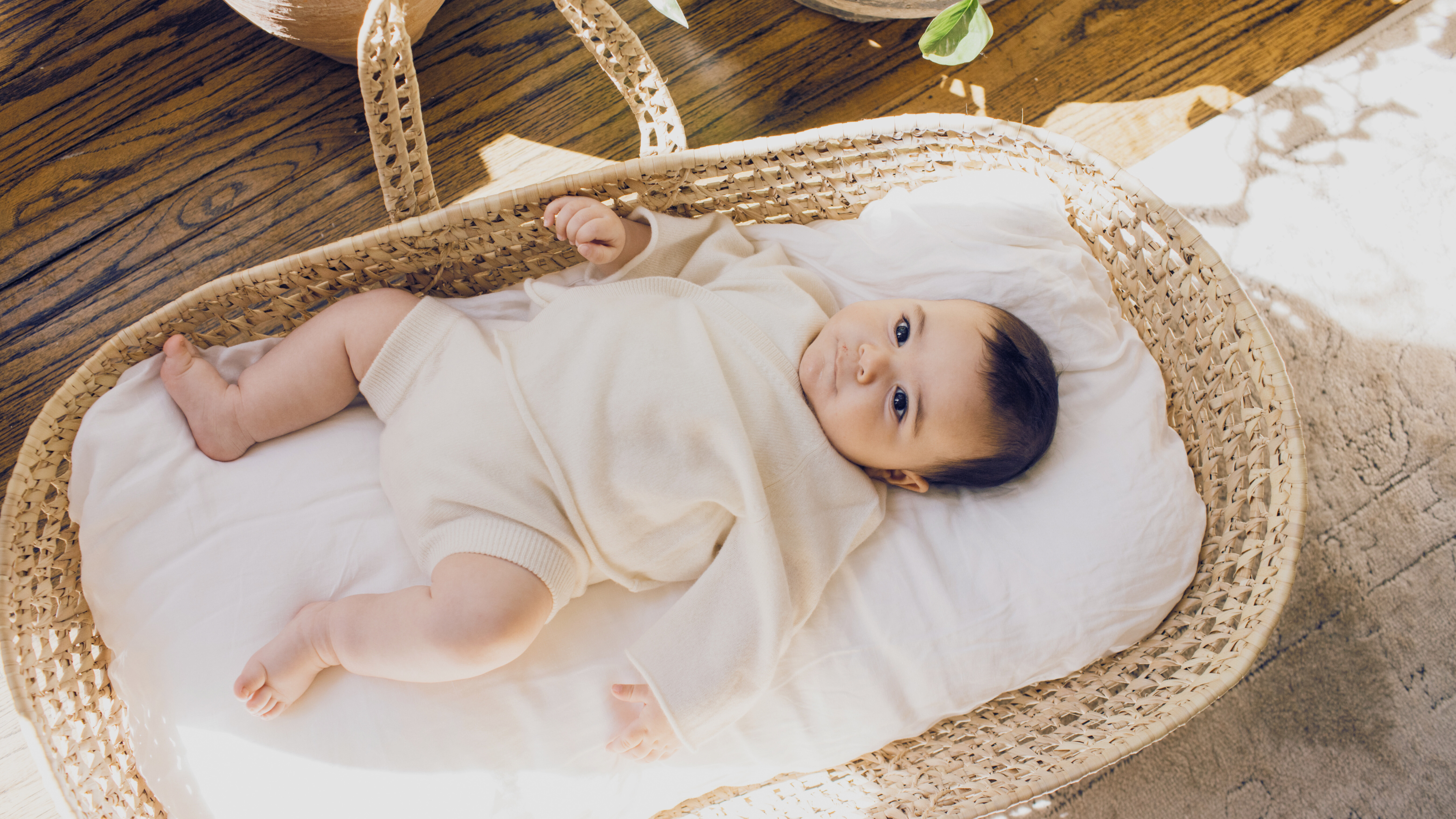 Petit Louli Paris cashmere cardigan and bloomers set, cream, on a baby in a woven bassinet