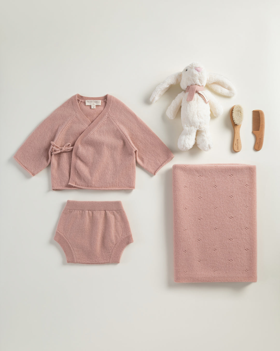 Petit Louli Spring Paris Cashmere Set with Pointelle blanket — flat lay of full set